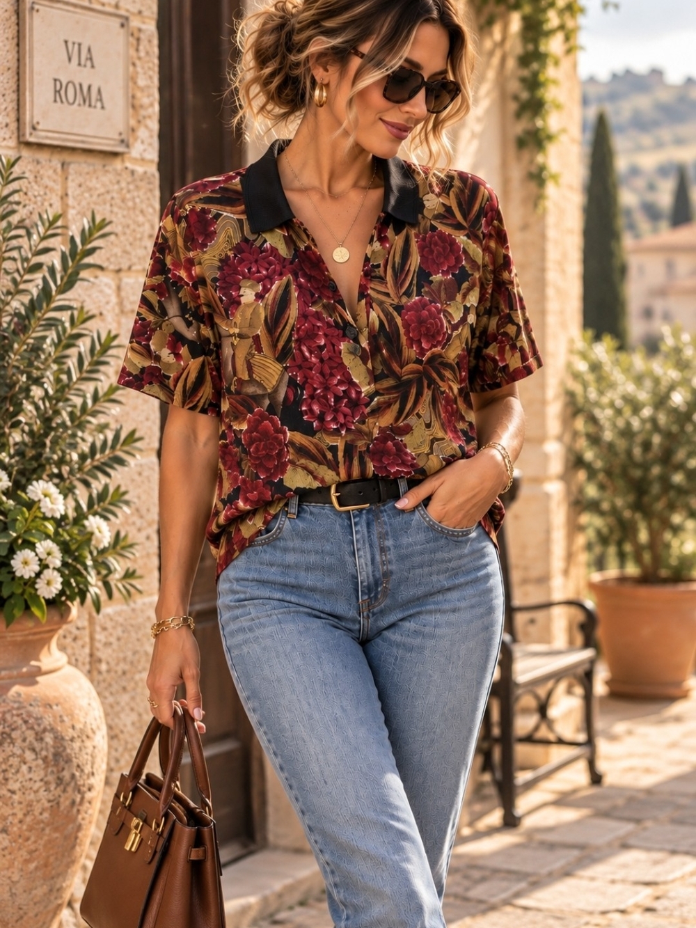 Italian Made Floral Blouse Scenic Print Black Collar Button European Luxury